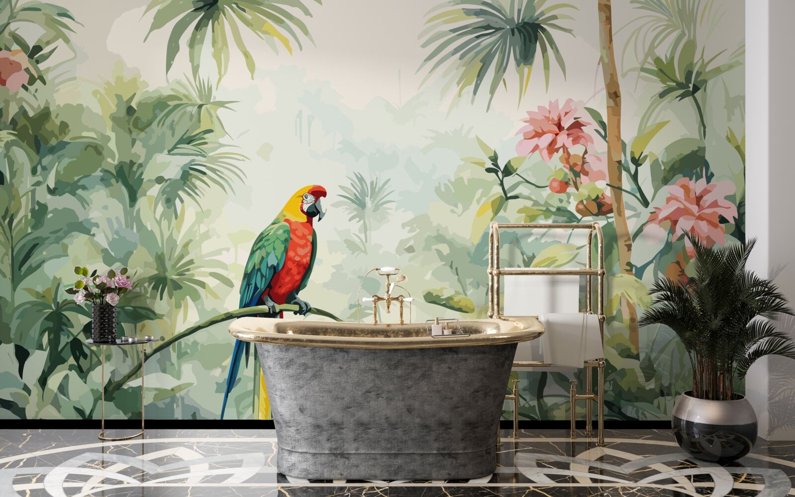 Fototapeta bujne szmaragdowe zarośla i papuga