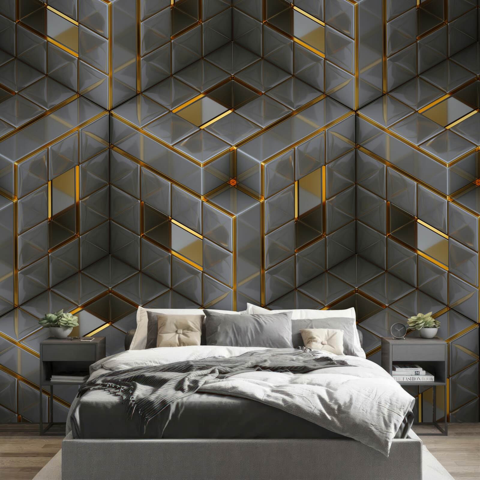 Fototapeta kostki 3d ze złotymi elementami