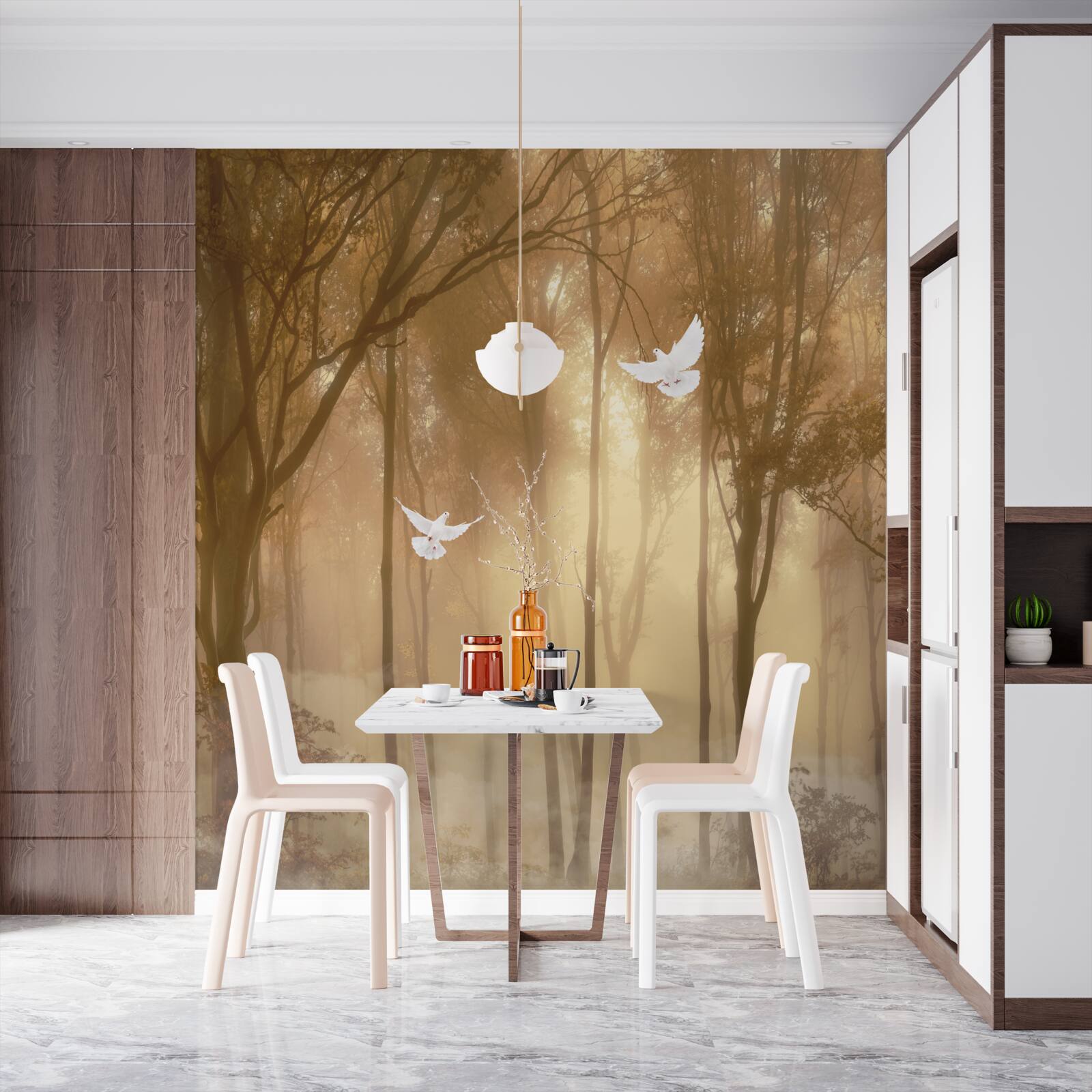 Fototapeta latające gołębie przecinają mglistą osłonę