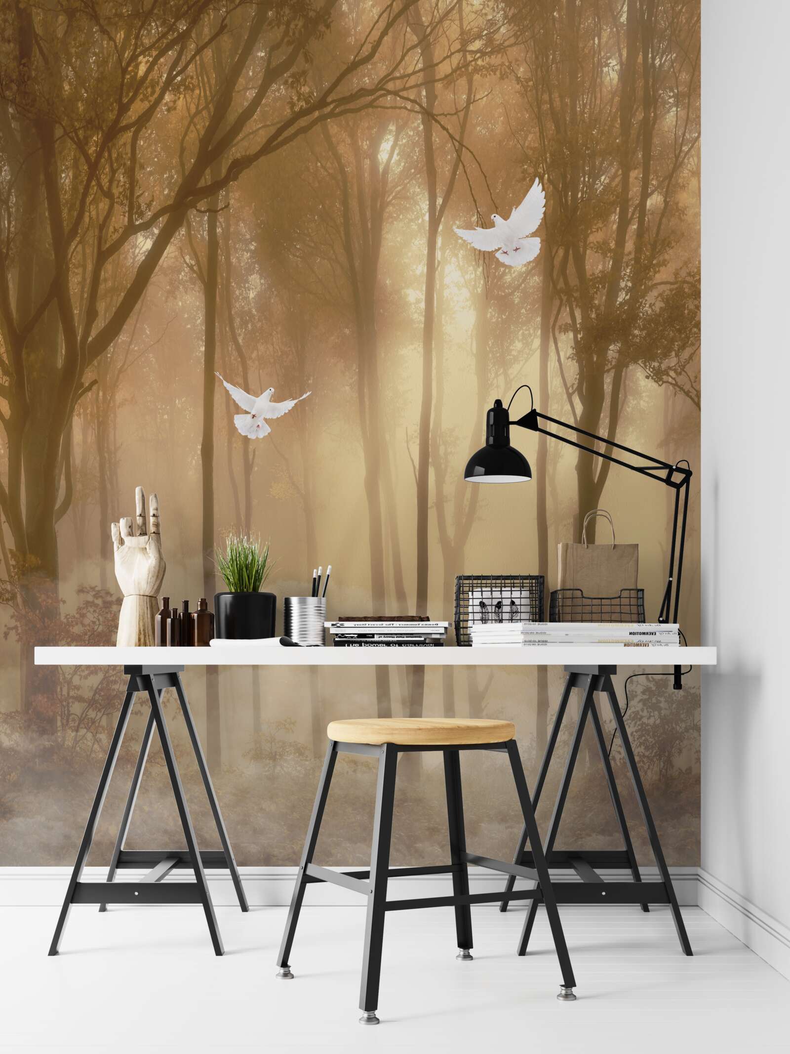 Fototapeta latające gołębie przecinają mglistą osłonę