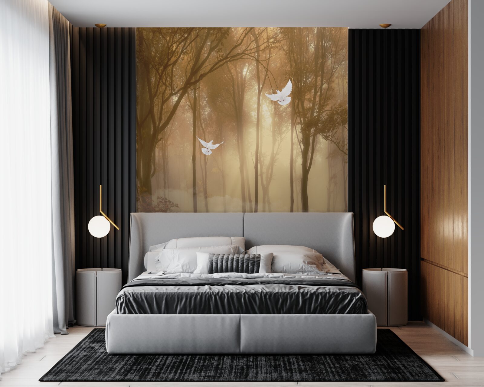 Fototapeta latające gołębie przecinają mglistą osłonę