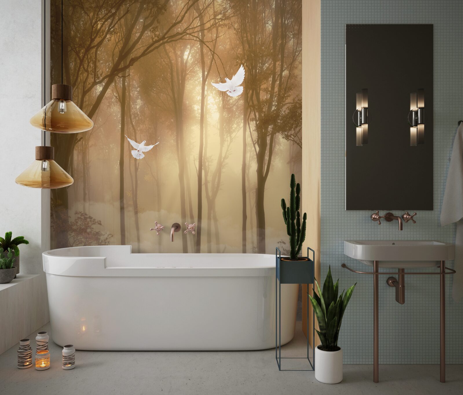 Fototapeta latające gołębie przecinają mglistą osłonę