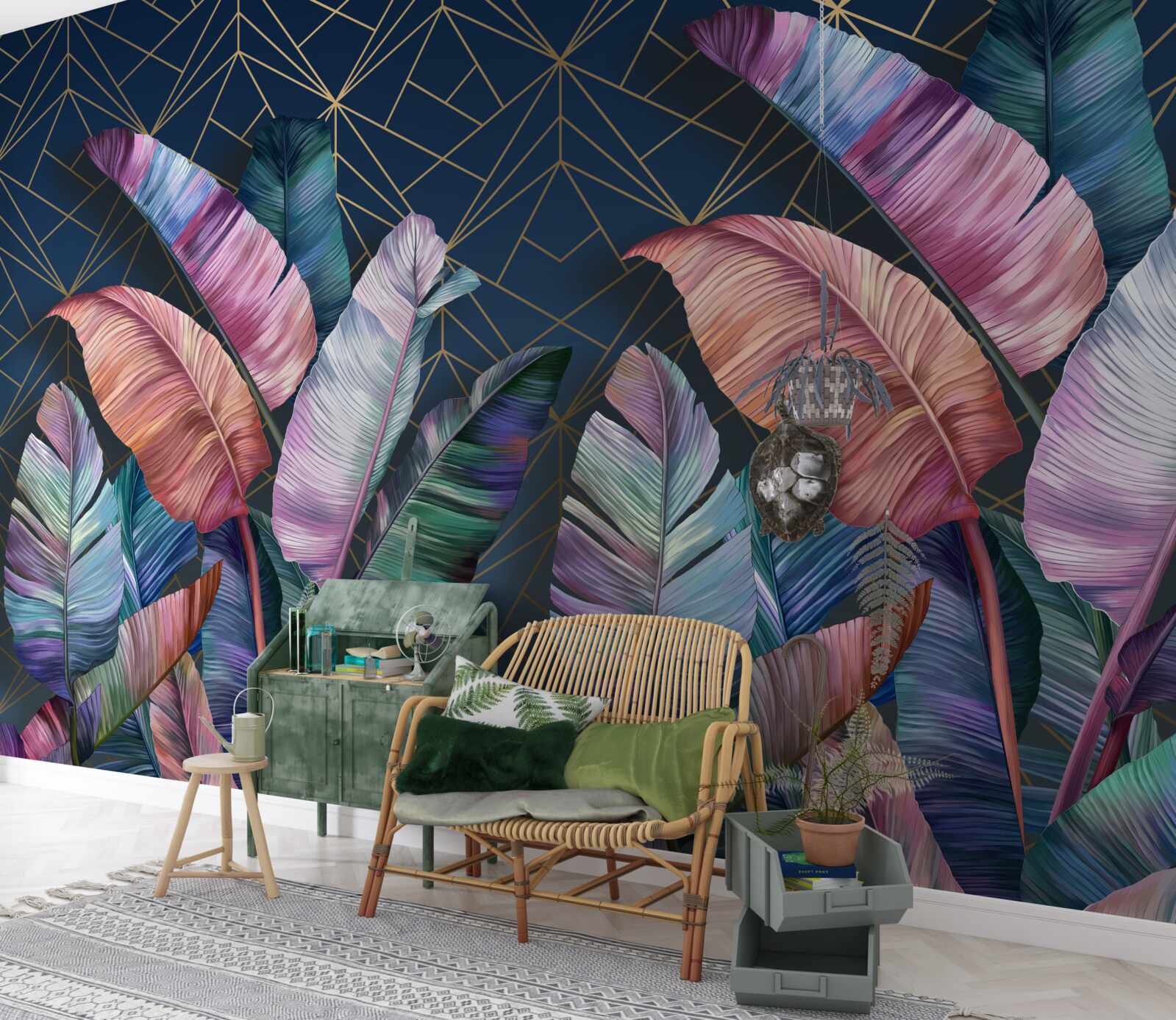 Fototapeta w nocy liście paproci świecą jasnymi kolorami