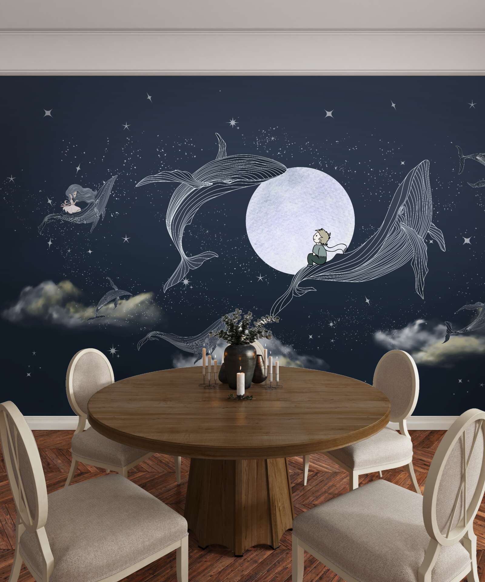 Fototapeta wieloryby w nocy pod księżycem