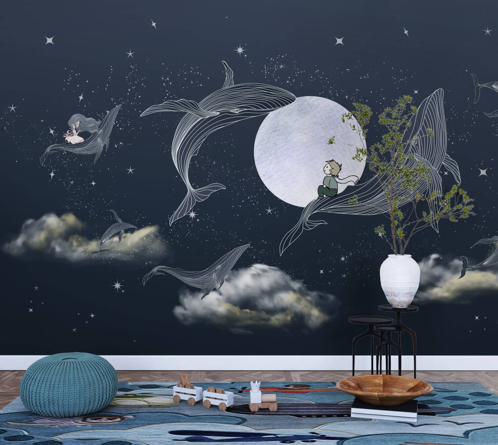 Fototapeta wieloryby w nocy pod księżycem