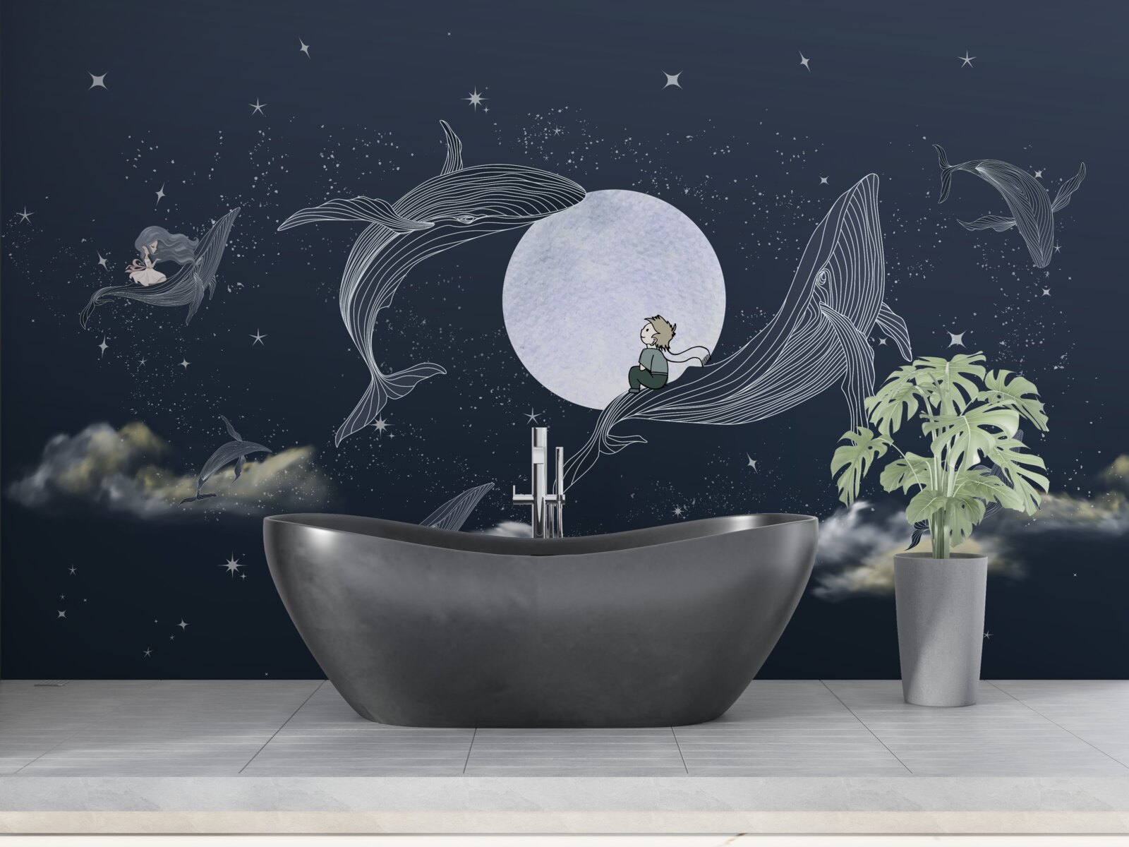 Fototapeta wieloryby w nocy pod księżycem