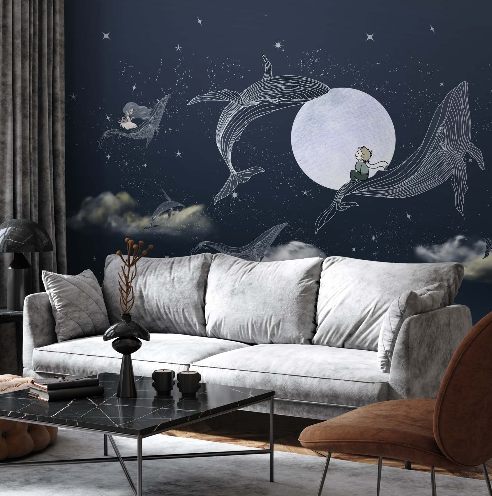 Fototapeta wieloryby w nocy pod księżycem