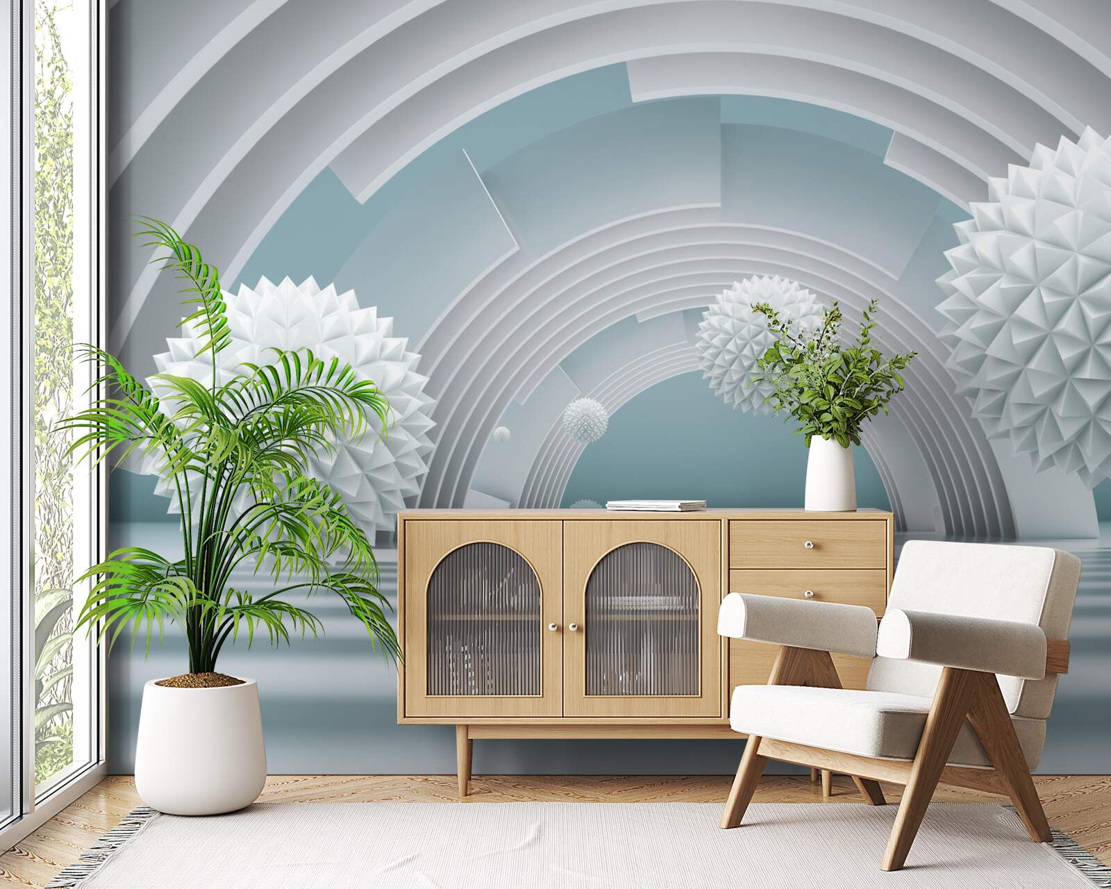 Fototapeta pływające ostre kule i okrągły tunel