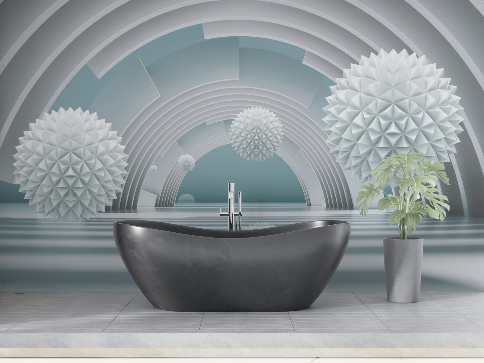 Fototapeta pływające ostre kule i okrągły tunel