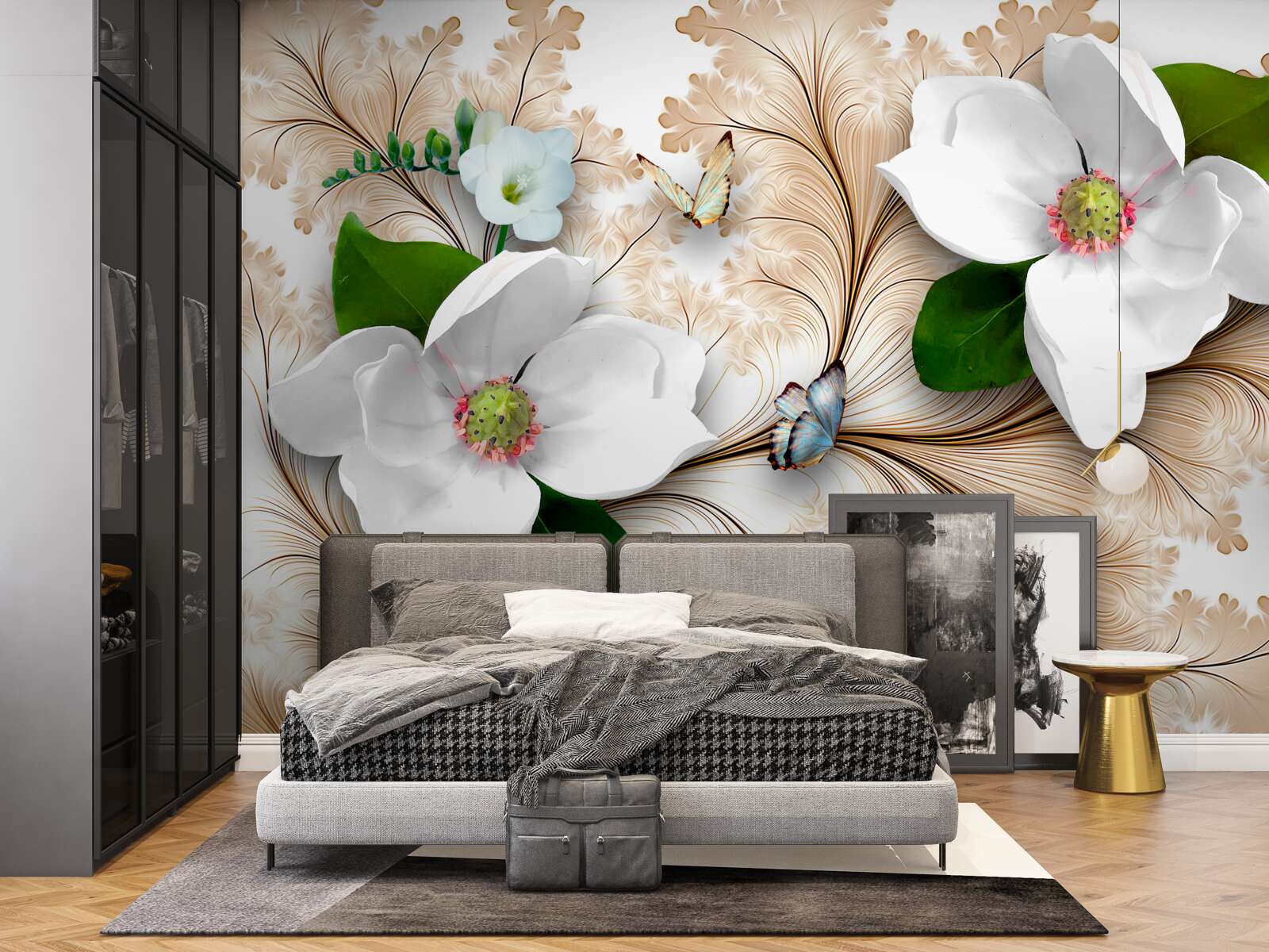 Fototapeta jasne śnieżnobiałe kwiaty na brązowym tle