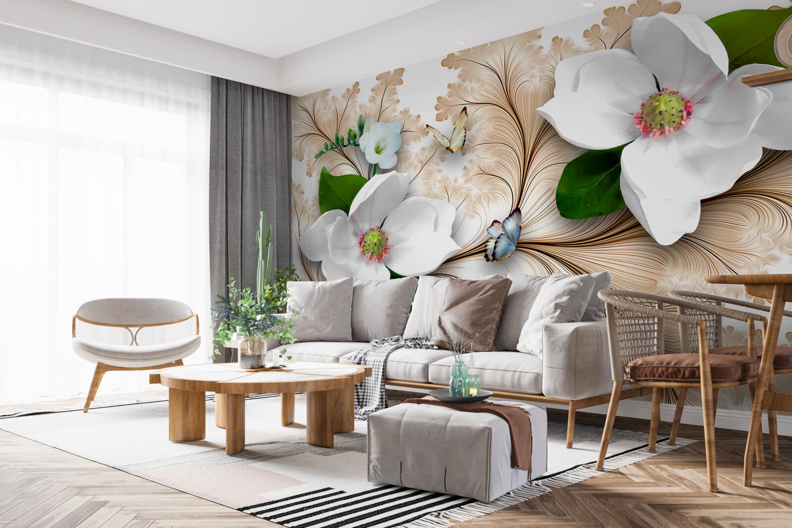 Fototapeta jasne śnieżnobiałe kwiaty na brązowym tle