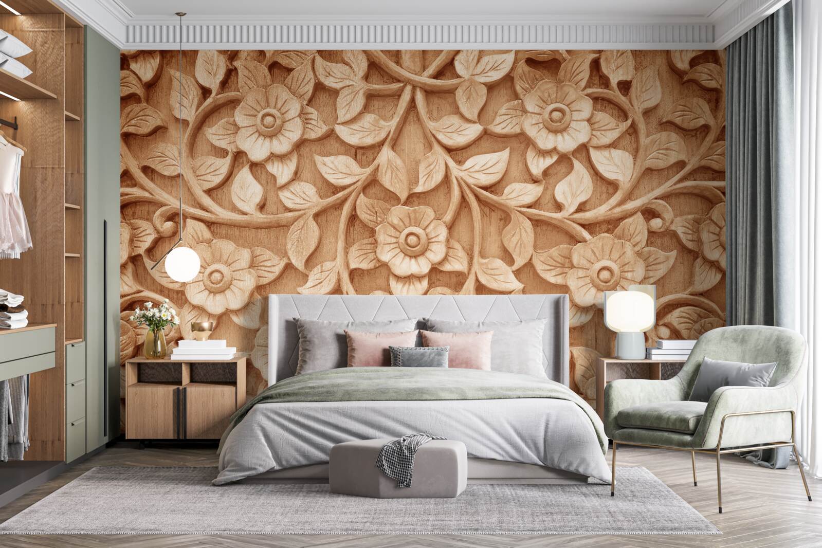 Fototapeta tekstura kwiatów wykonanych z drewna