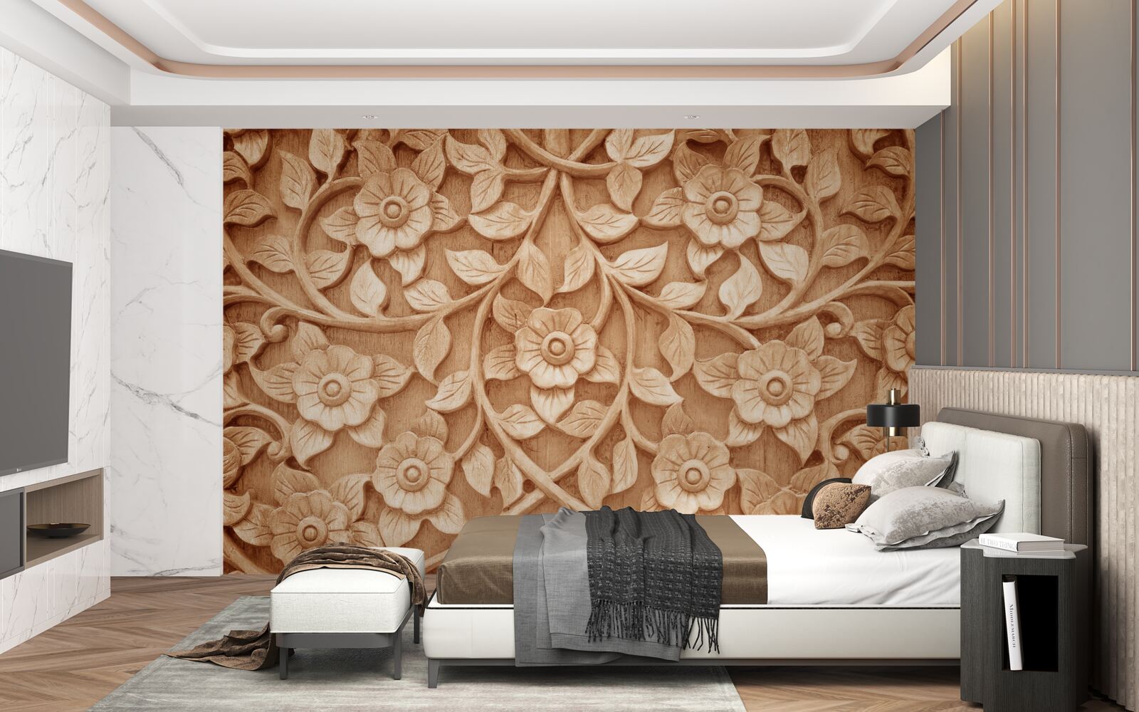 Fototapeta tekstura kwiatów wykonanych z drewna