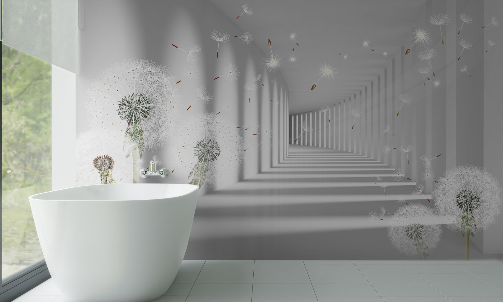 Fototapeta płatki mniszka lekarskiego wnoszone są do tunelu