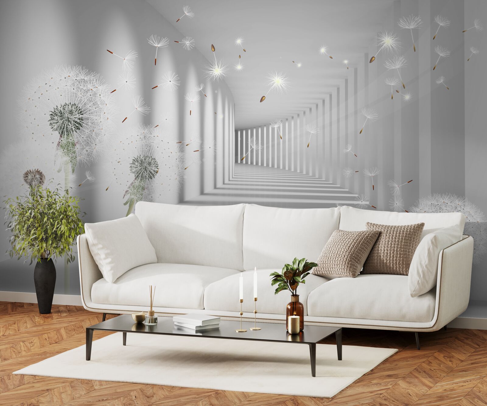 Fototapeta płatki mniszka lekarskiego wnoszone są do tunelu