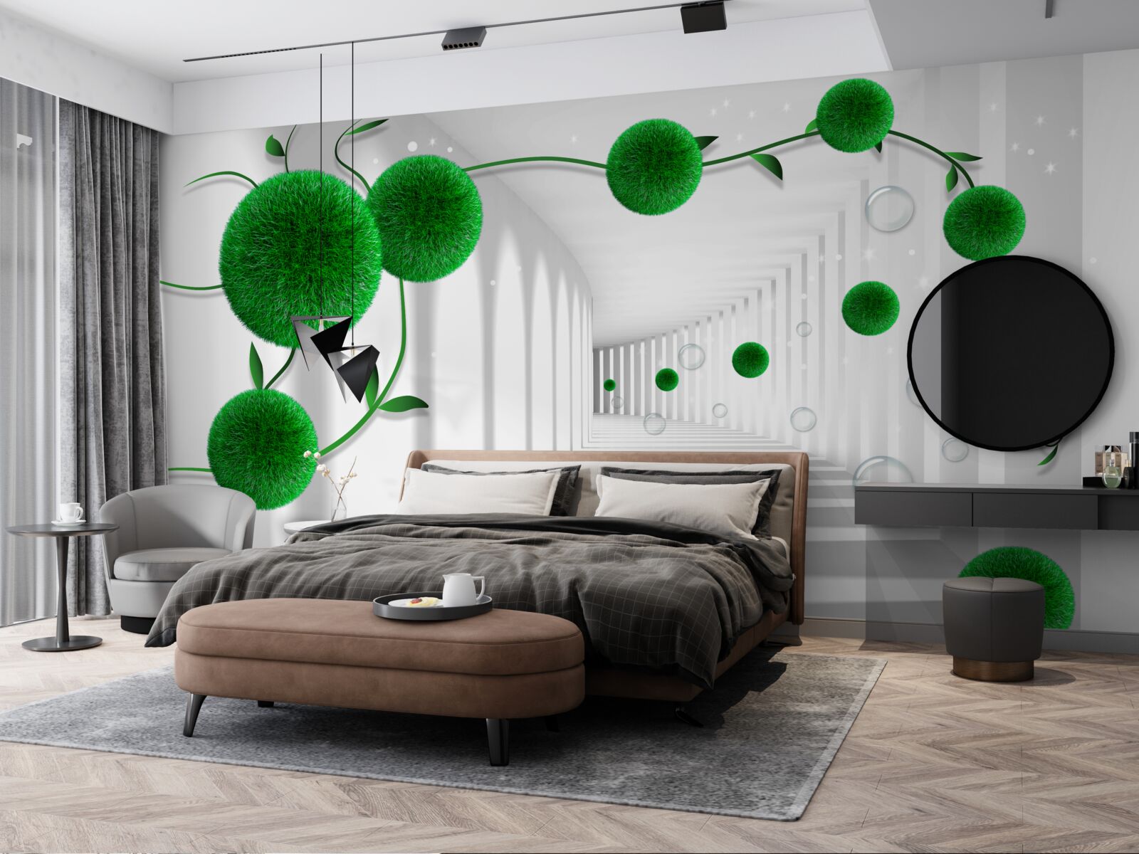 Fototapeta w tunelu unoszą się zielone kulki