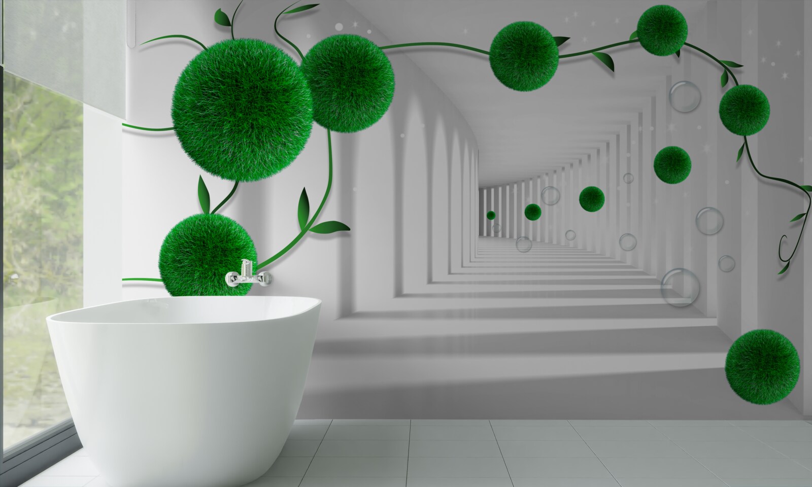 Fototapeta w tunelu unoszą się zielone kulki