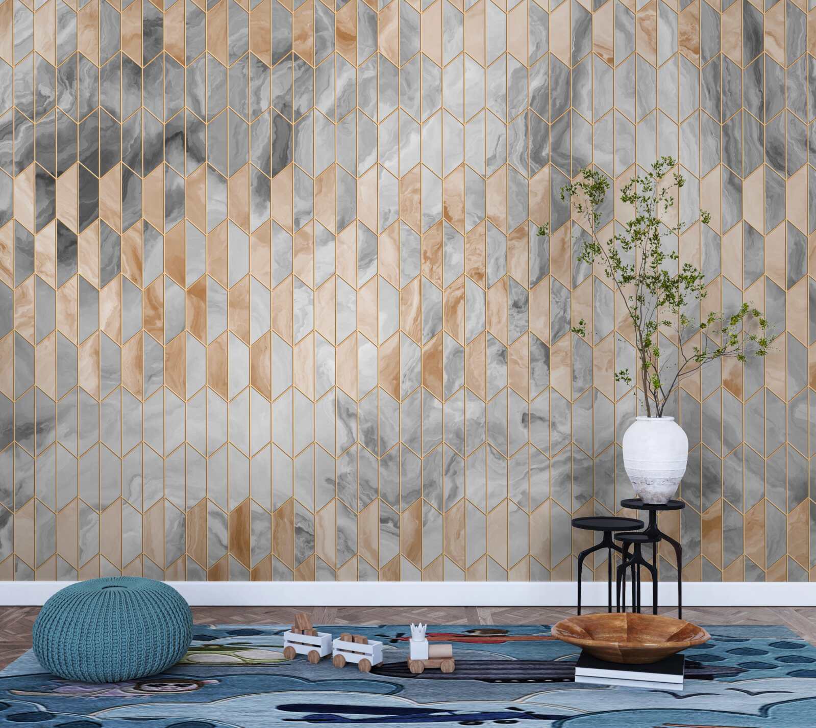 Fototapeta złoto-szara kompozycja geometryczna na marmurowej powierzchni