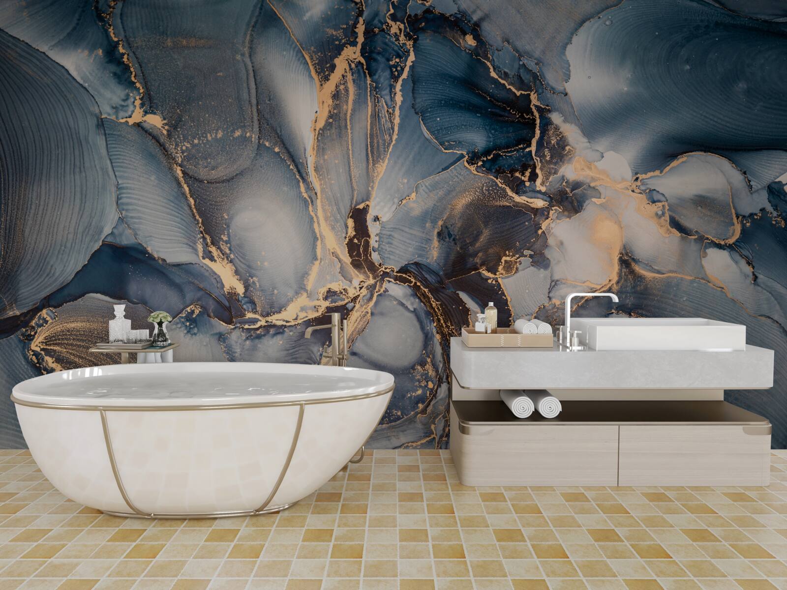 Fototapeta marmur w bogatych odcieniach błękitu i złota