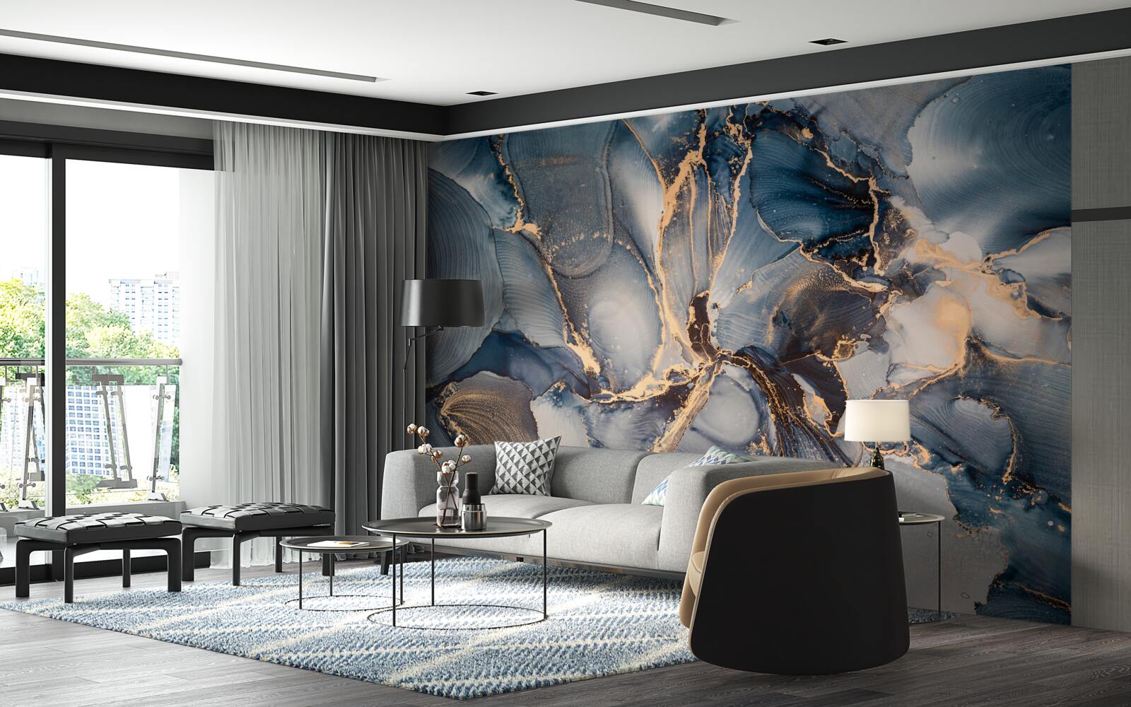 Fototapeta marmur w bogatych odcieniach błękitu i złota