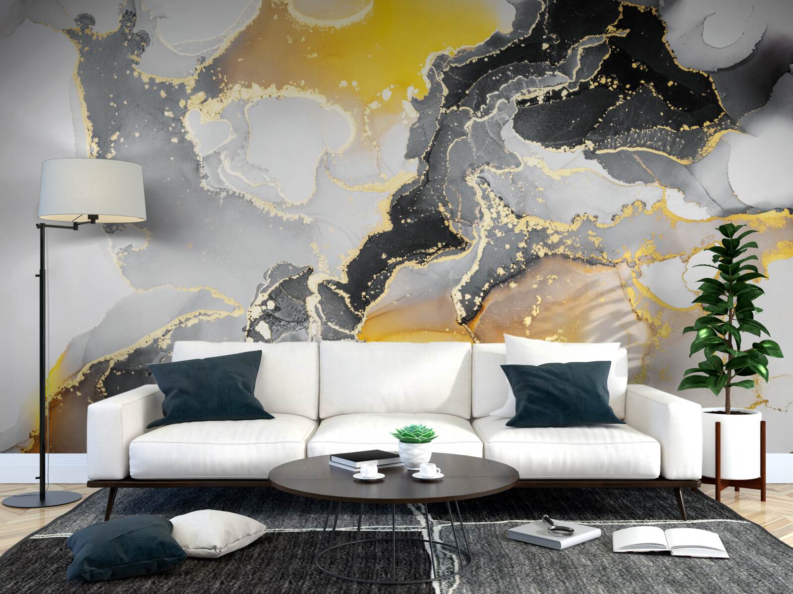 Fototapeta ciemny i złoty wzór na szarym marmurze