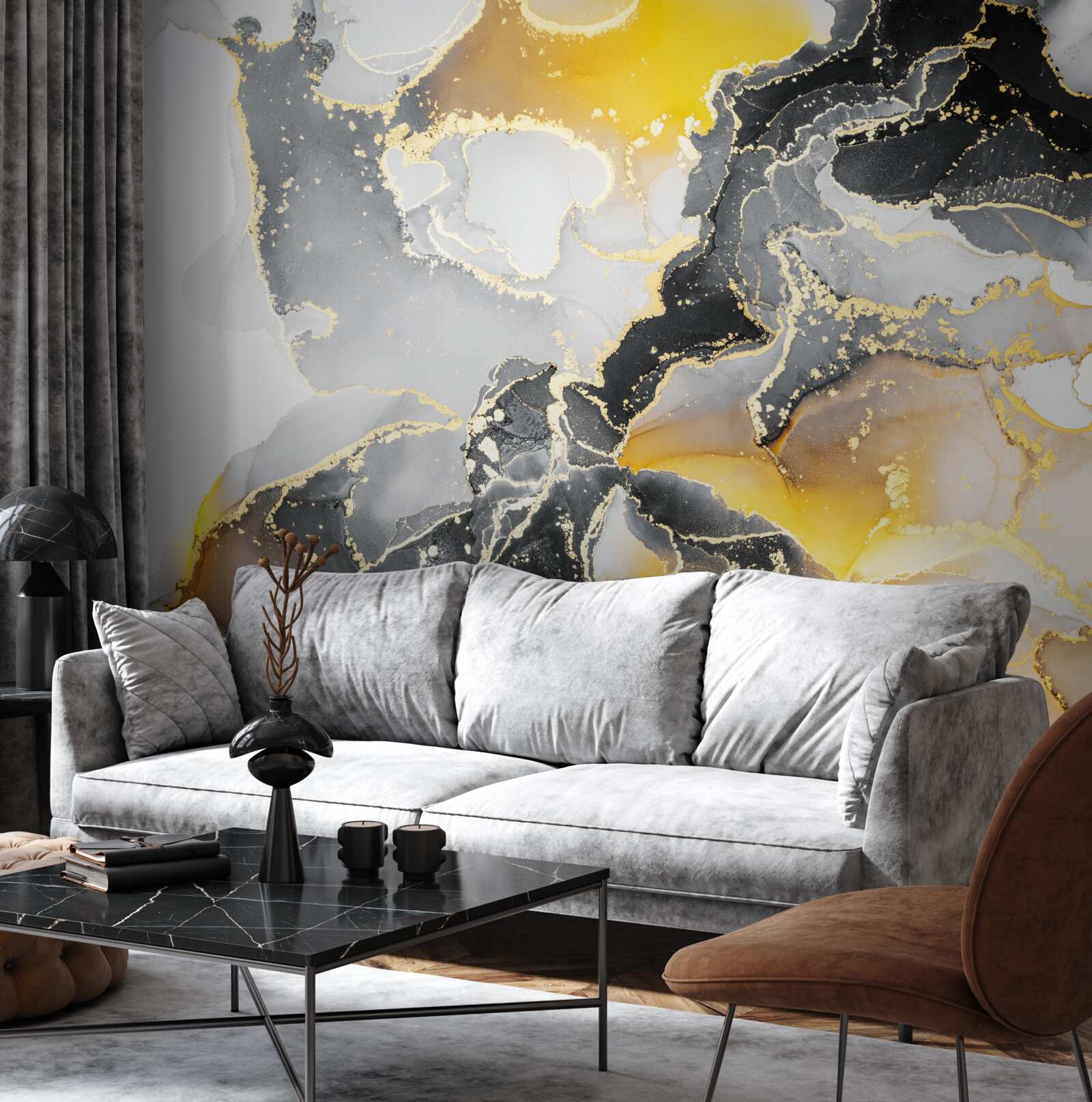 Fototapeta ciemny i złoty wzór na szarym marmurze