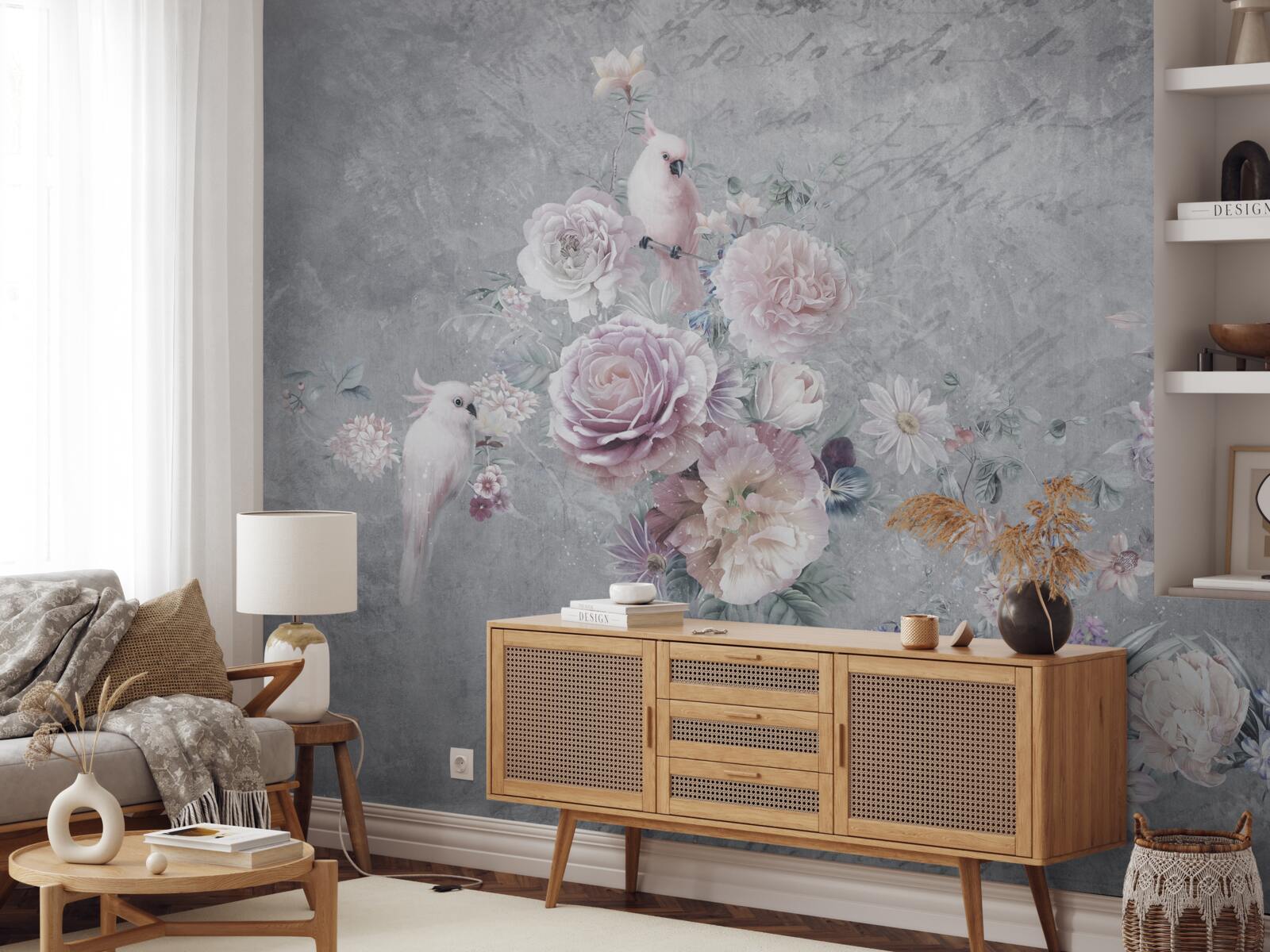 Fototapeta bukiet uzupełniony kompozycjami z papugami