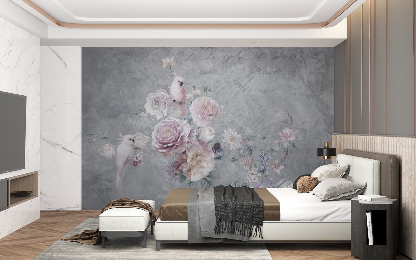 Fototapeta bukiet uzupełniony kompozycjami z papugami