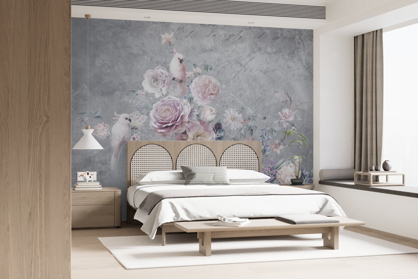 Fototapeta bukiet uzupełniony kompozycjami z papugami