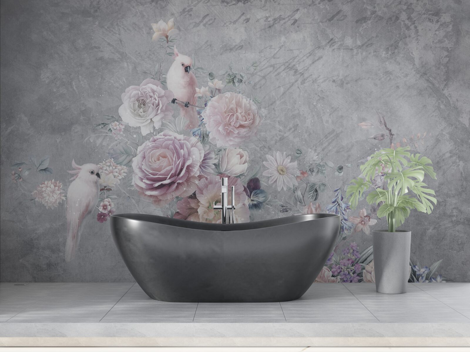 Fototapeta bukiet uzupełniony kompozycjami z papugami