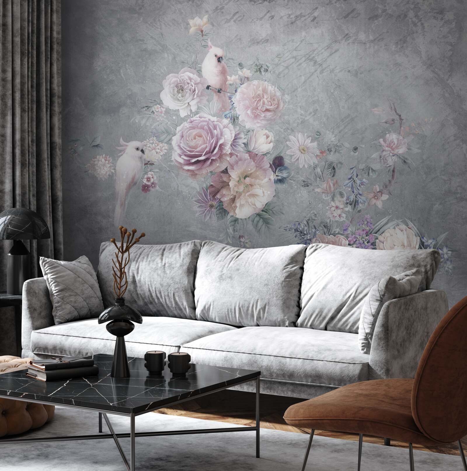 Fototapeta bukiet uzupełniony kompozycjami z papugami