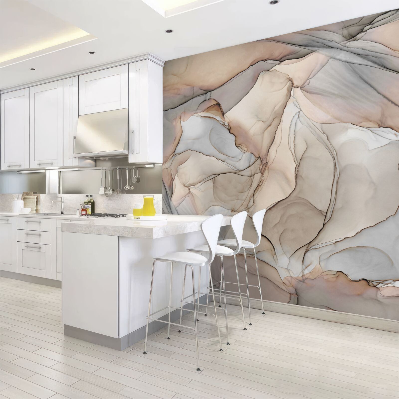 Fototapeta różowe i niebieskie wzory na kremowym marmurze