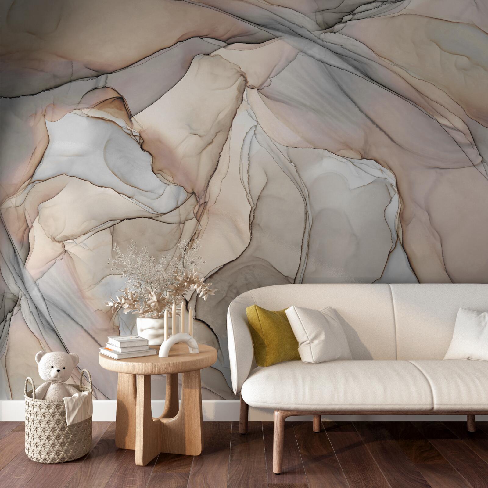 Fototapeta różowe i niebieskie wzory na kremowym marmurze