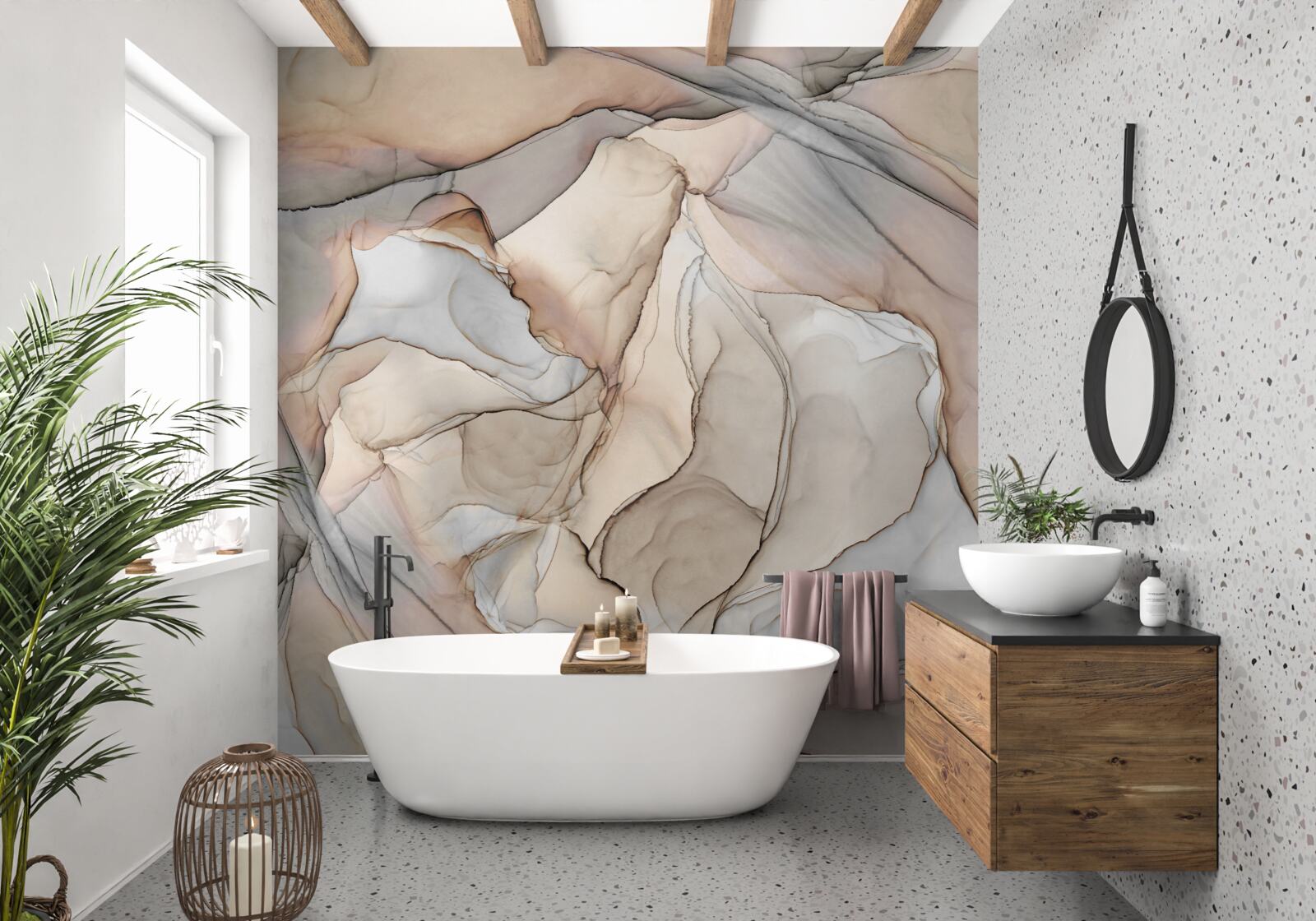 Fototapeta różowe i niebieskie wzory na kremowym marmurze