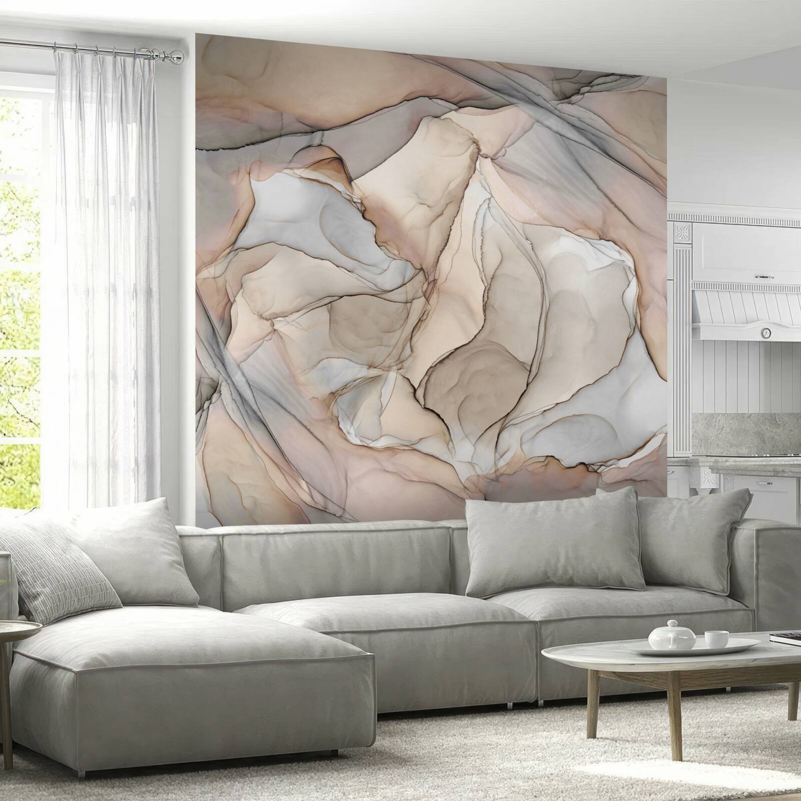 Fototapeta różowe i niebieskie wzory na kremowym marmurze