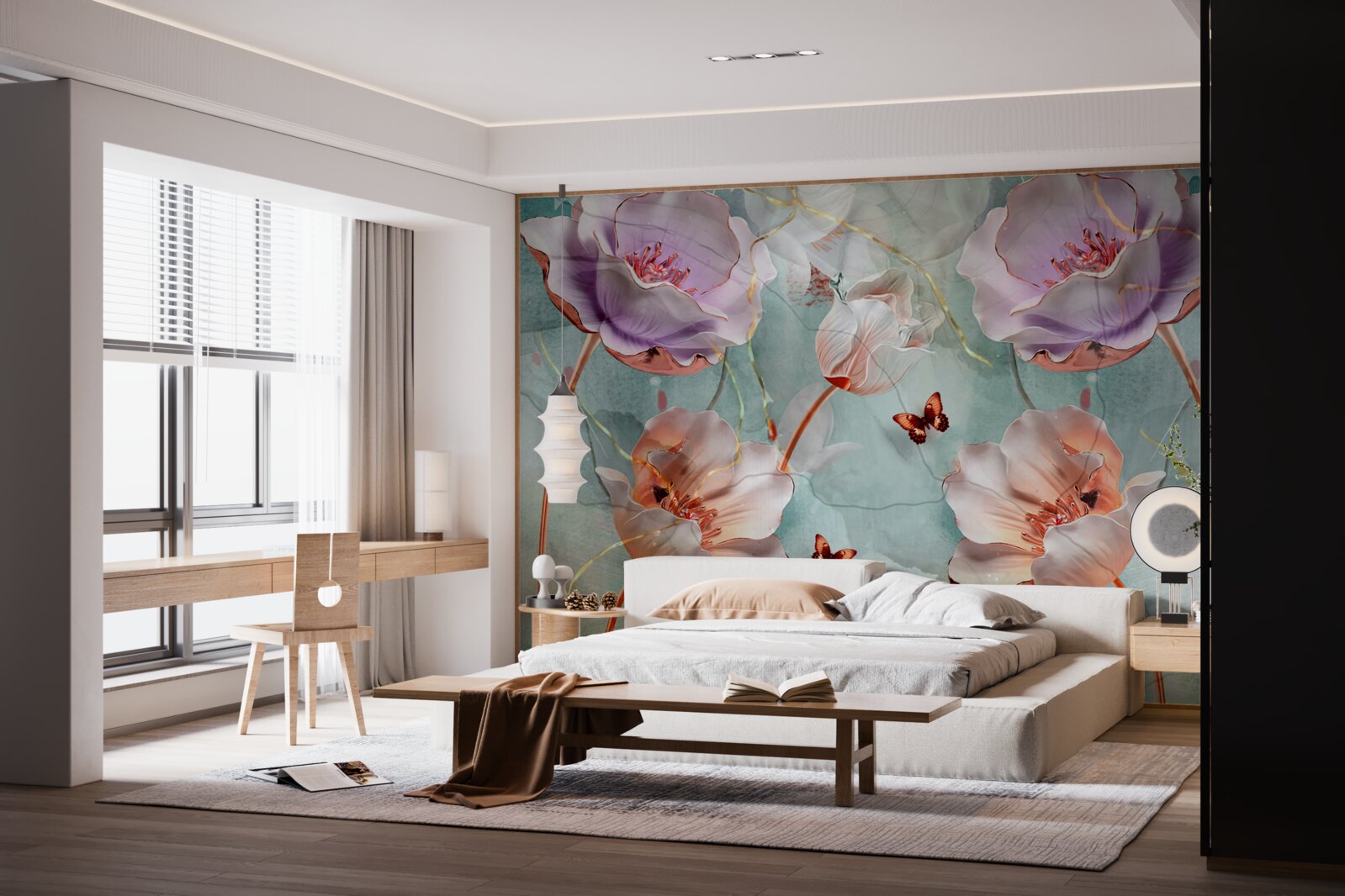 Fototapeta różnorodne maki z trzepoczącymi motylami