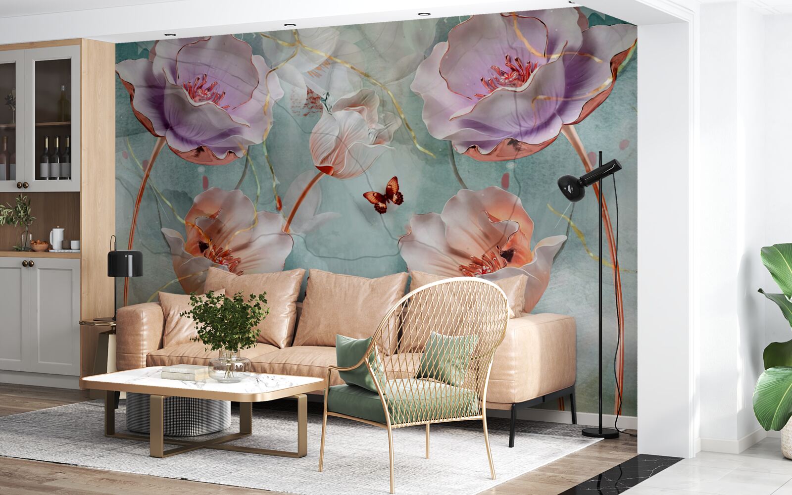 Fototapeta różnorodne maki z trzepoczącymi motylami