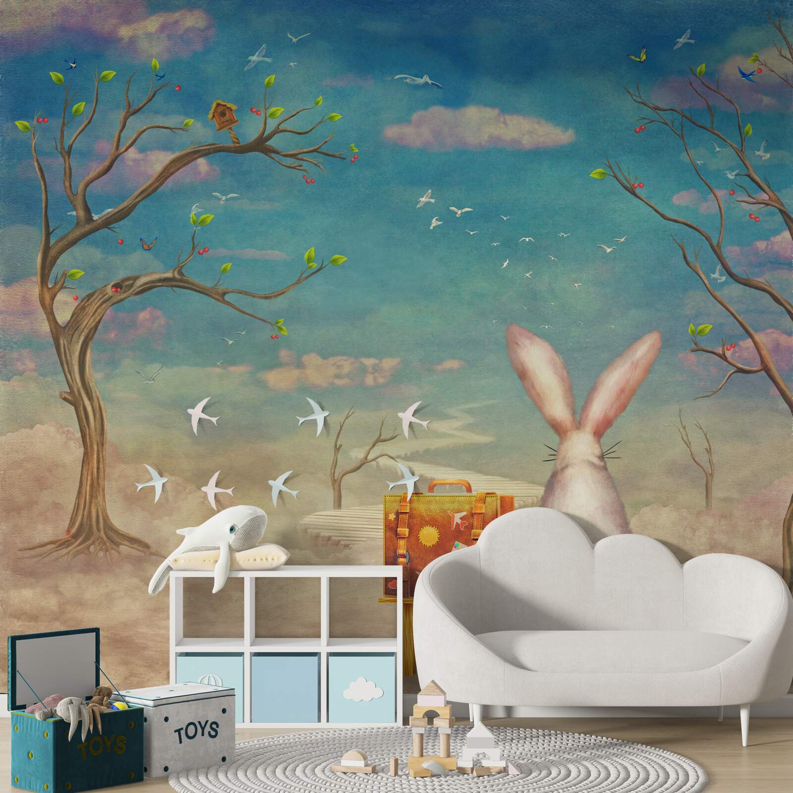 Fototapeta króliczek siedzi na ławce i czeka