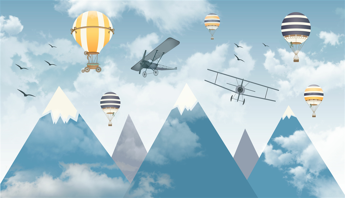 Fototapeta lot samolotów i balonów nad pasmem górskim
