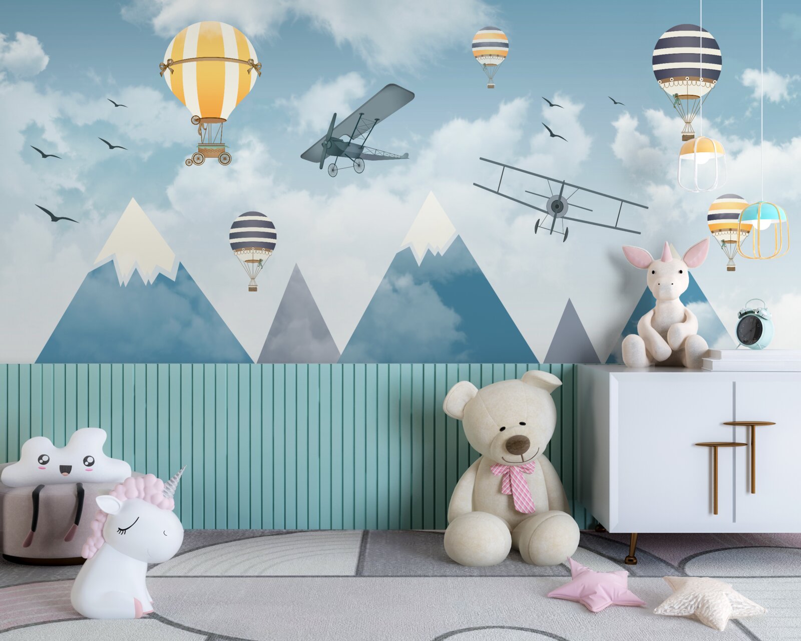 Fototapeta lot samolotów i balonów nad pasmem górskim