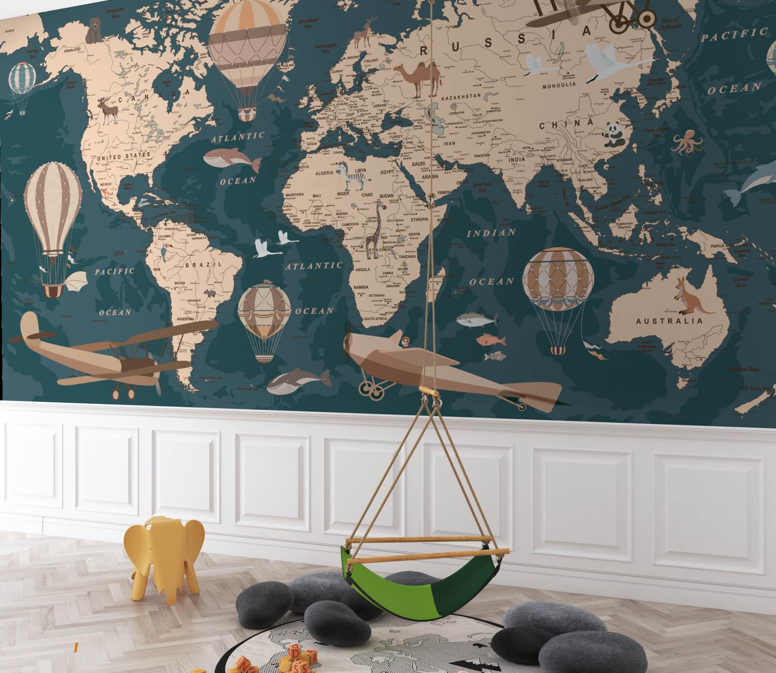 Fototapeta mapa świata pokazująca transport i mieszkańców