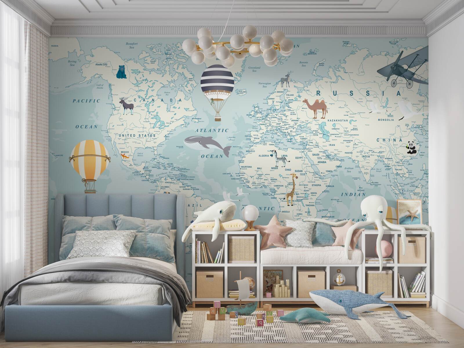 Fototapeta mapa świata pokazująca transport i zwierzęta