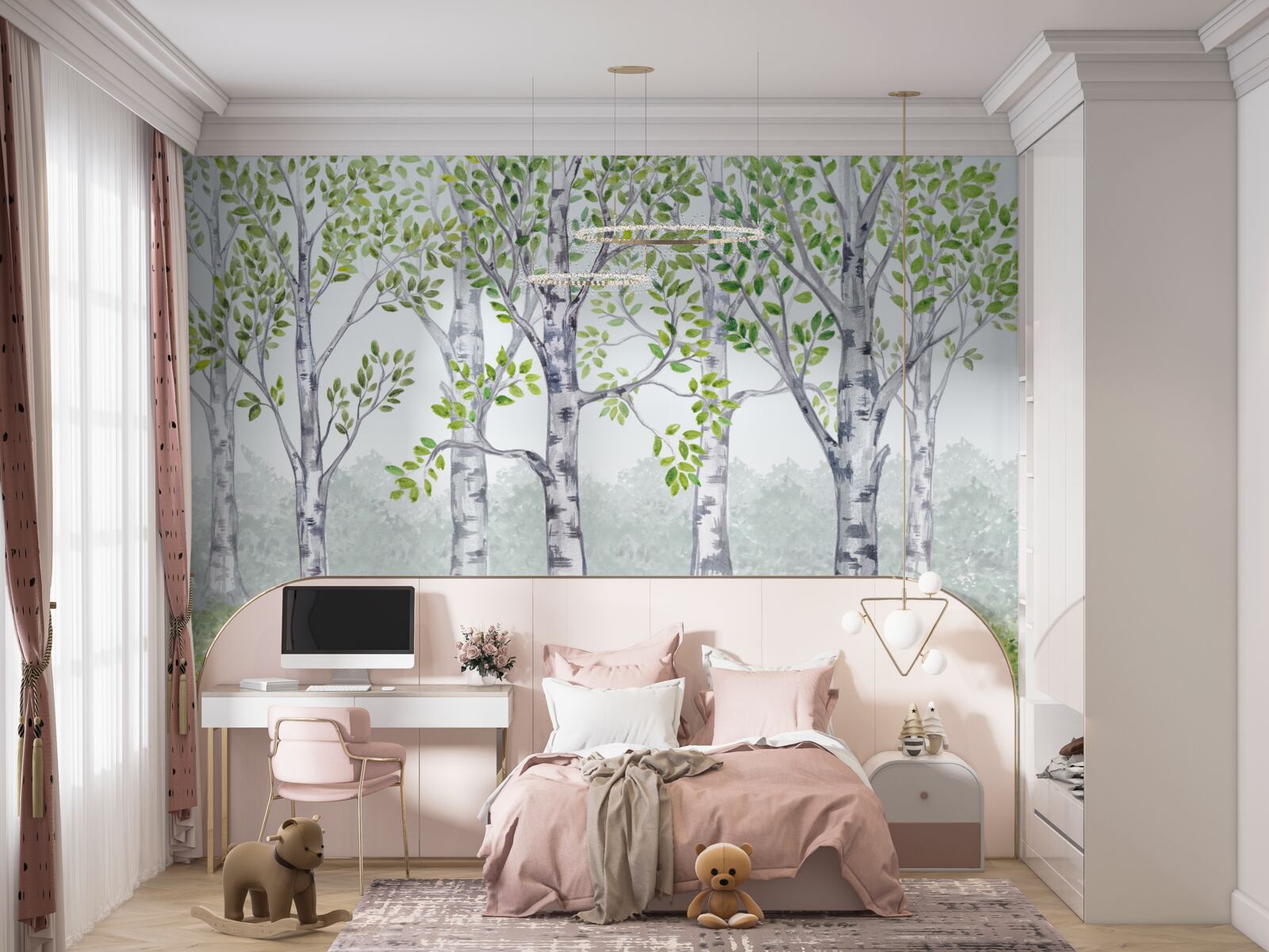 Fototapeta akwarela przedstawiająca gaj brzozowy