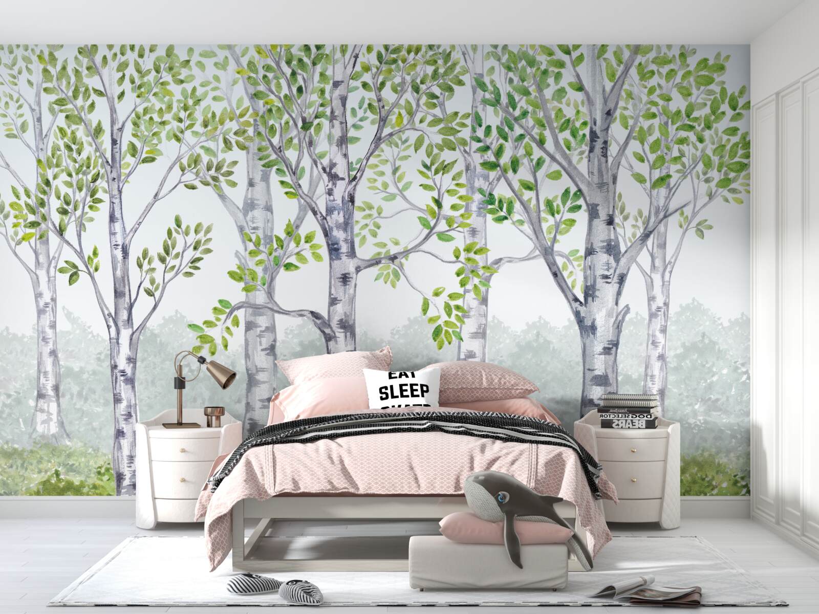 Fototapeta akwarela przedstawiająca gaj brzozowy