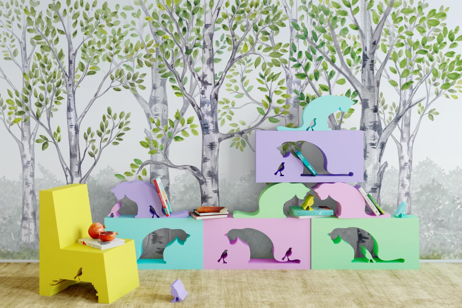 Fototapeta akwarela przedstawiająca gaj brzozowy