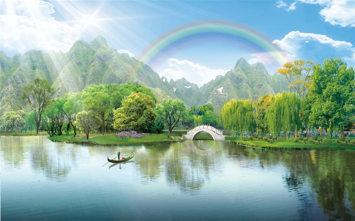 Fototapeta japońskie jezioro górskie z tęczą nad nim