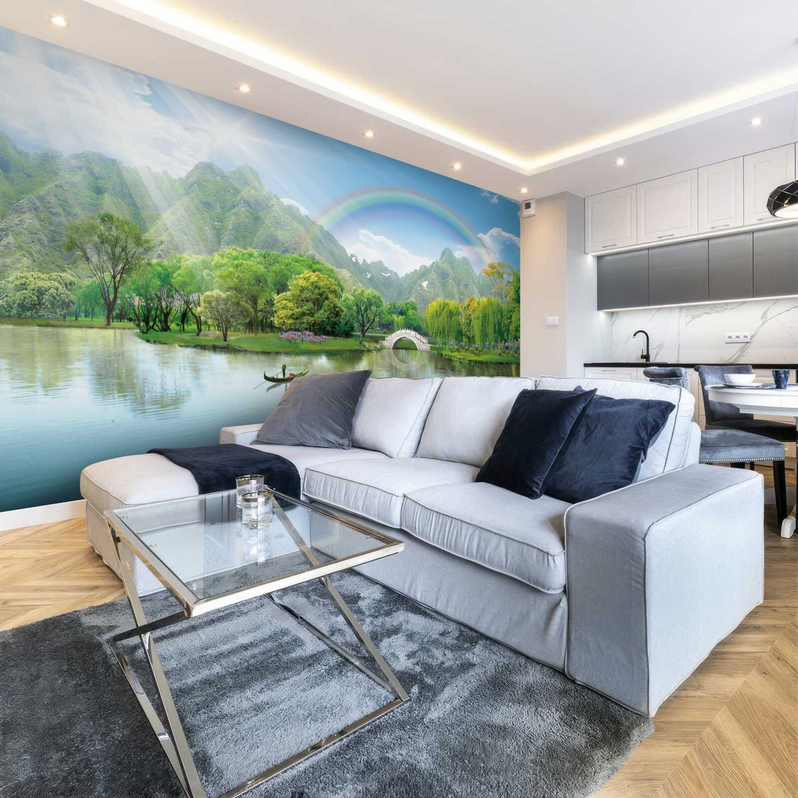 Fototapeta japońskie jezioro górskie z tęczą nad nim