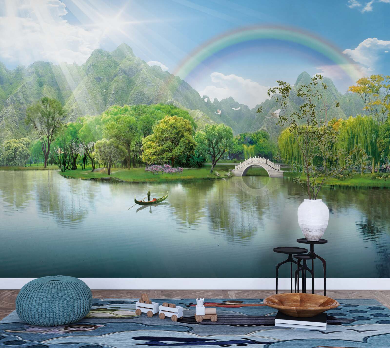 Fototapeta japońskie jezioro górskie z tęczą nad nim