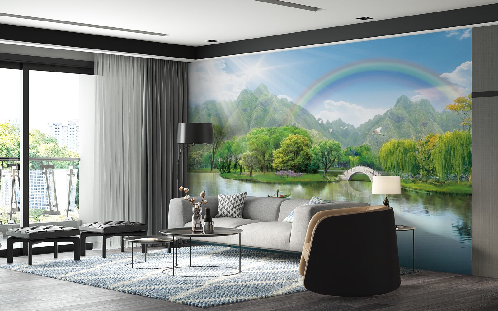 Fototapeta japońskie jezioro górskie z tęczą nad nim