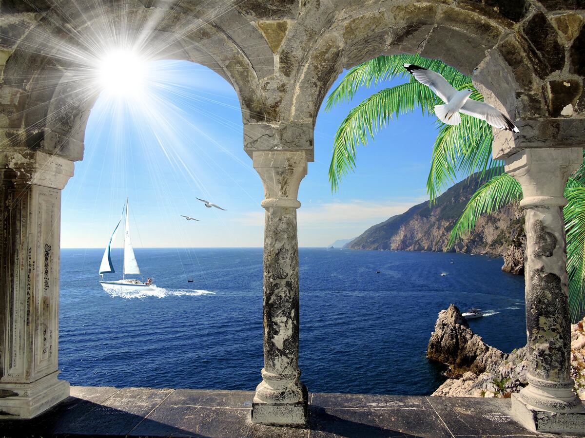 Fototapeta starożytny łuk z widokiem na morze